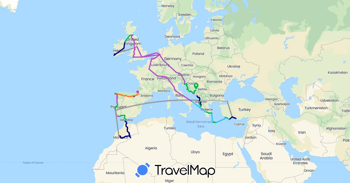 TravelMap itinerary: driving, bus, plane, train, boat, walk, new plane color in Albania, Austria, Bosnia and Herzegovina, Belgium, Switzerland, Germany, Spain, France, United Kingdom, Greece, Croatia, Ireland, Italy, Morocco, Montenegro, Netherlands, Portugal, Slovenia, Turkey (Africa, Asia, Europe)